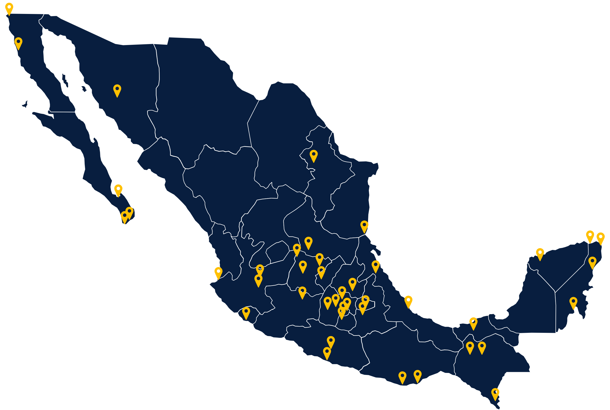 Mapa de la República Mexicana con sus divisiones políticas, indicando las ubicaciones de las obras que hemos realizado en Paneles para Edificación